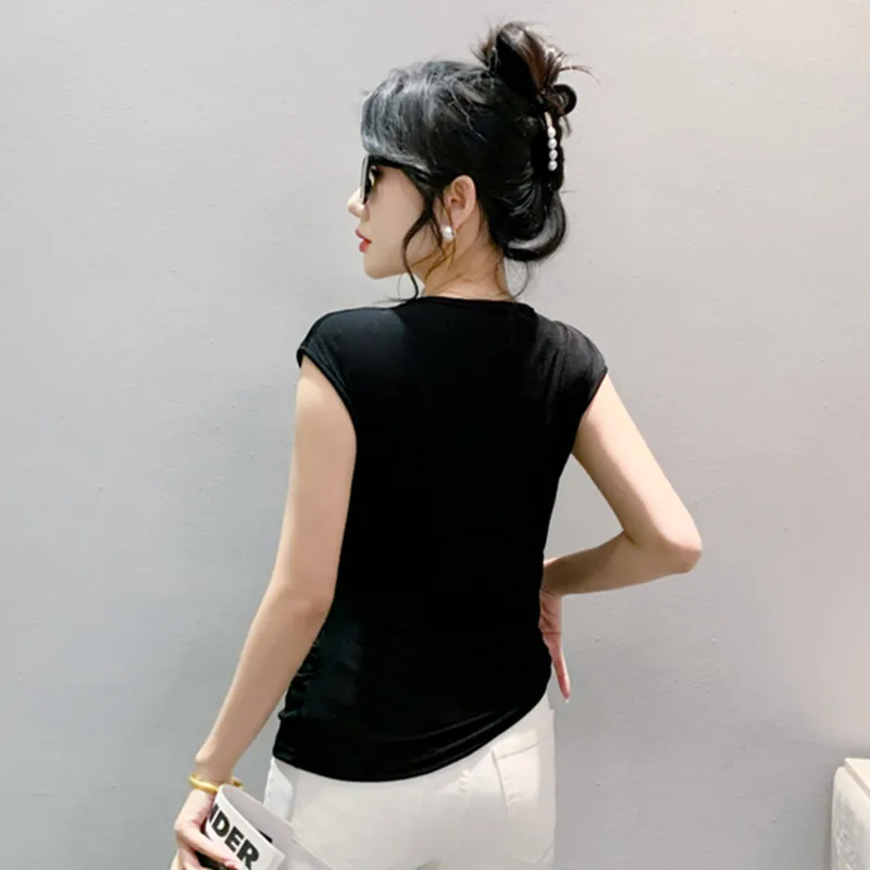 Summer T-Shirt New Women's Sexy hollow out V- Neck Fashion Slim Tops Shirt Chic Sleeveless Elastic Handmade Beading Tees Clothes