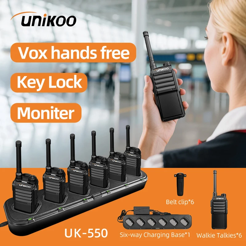 

UNIKOO 6PCS UK550 Walkie Talkie Chanl 16 VOX 400-470MHz Portable Two Way Radio Station for Hotel Restaurant With Six Way Charger