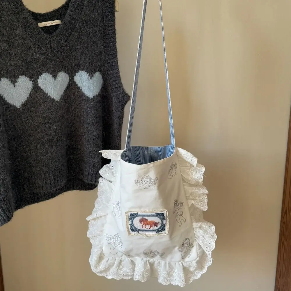 

Portable Polka Dot Ruffle Lace Canvas Bag Large Capacity Sweet Bow Shoulder Bag Casual Korean Style Plaid Shoulder Bag Travel