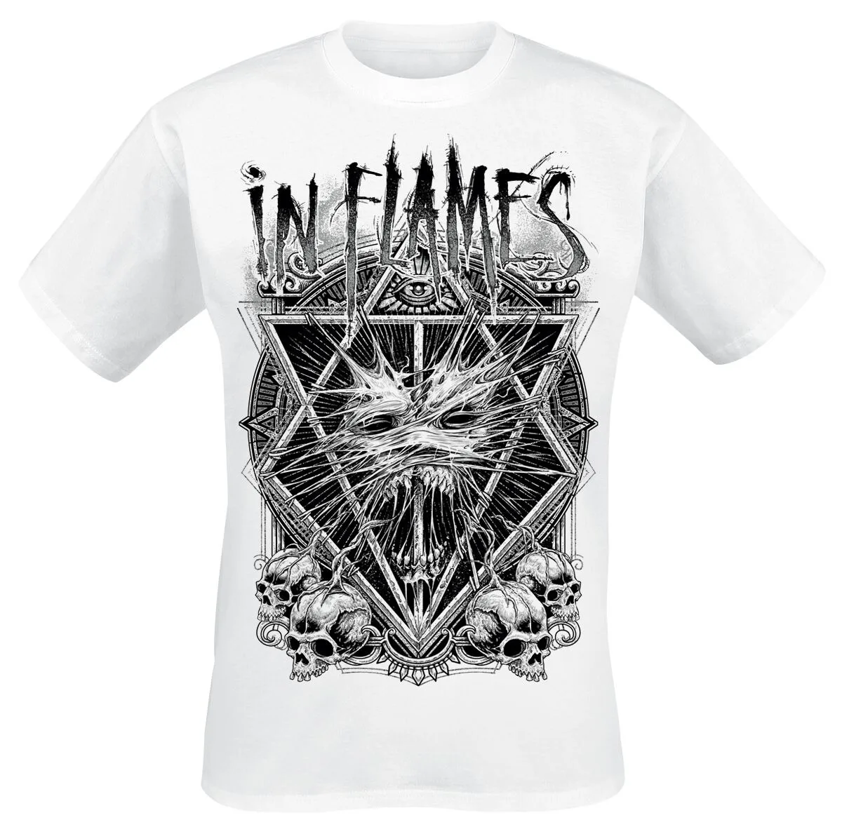 In Flames Gothic All-Seeing Eye Graphic Tee, Black Metal Shirt with Demonic Face Art Print for Fans