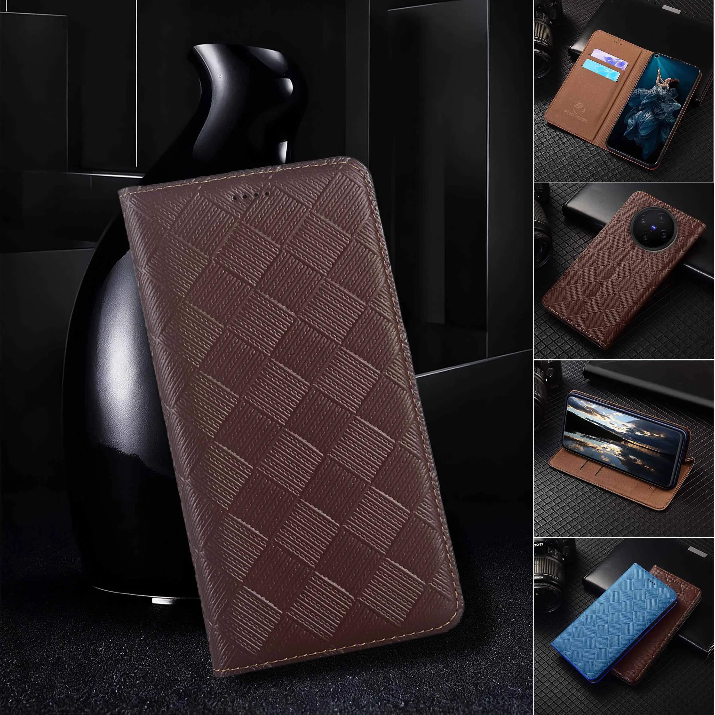 

For Vivo X60 X70 X80 X90 X100 X100S X200 X200S Pro Plus Ultra Mini Knit Pattern Of Genuine Leather Flip Phone Cover Case Cowhide