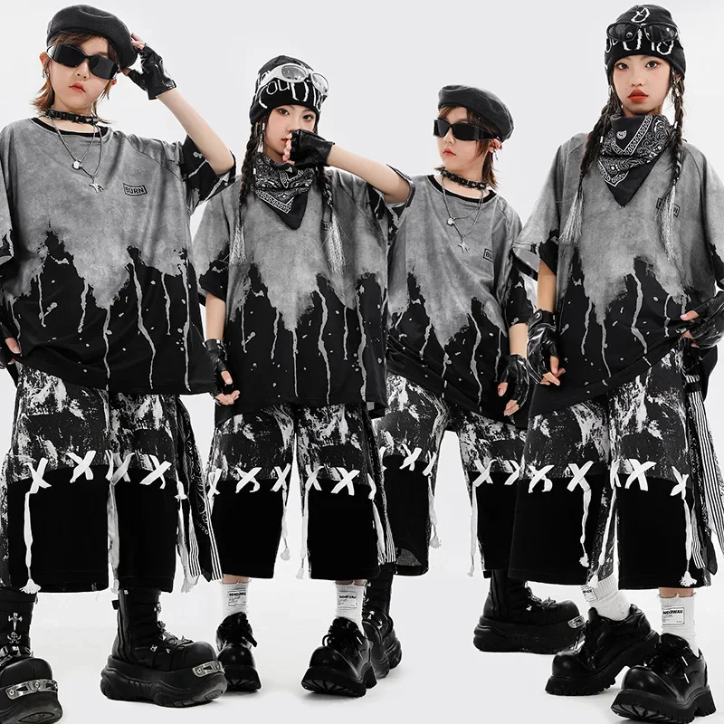 

Boys Hip Hop Dance Costume Girls Loose Tops Black Shorts Fashion Jazz Dance Performance Clothes Set Kpop Outfits Cool Stage Wear