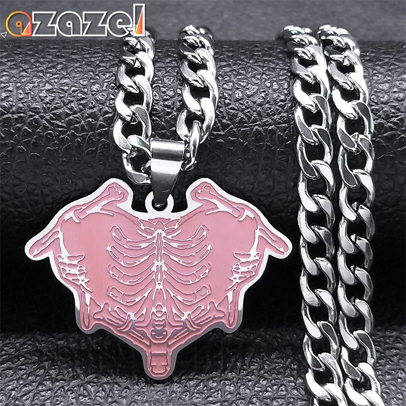 Gothic Pink Enamel Punk Heart Rib Skeleton Necklace for Women Men Stainless Steel Bone Pendant Long Necklaces Jewelry N8161S08