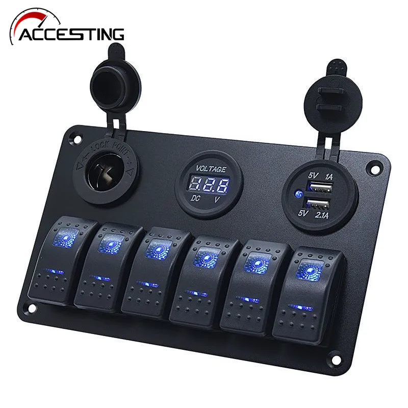 

6 Gang Rocker Switch Panel 12V~24V Dual USB Charging Circuit Breaker Volt Overload Protection Waterproof Car Boat Switch Panel