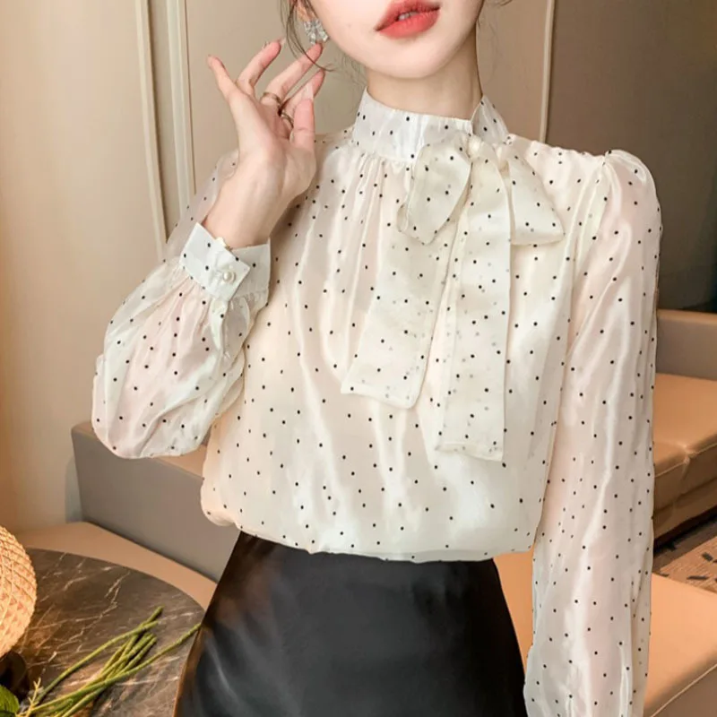 2024 Spring Blouses Women Gentle Work Wear Polka Dots Fashion Slim Office Lady High Street Daily Casual New Elegant