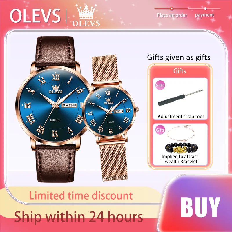 OLEVS Fashion Brand Couple Watches Waterproof Luminous With Date Quartz Watch Romantic Lover Gift Bracelet Men and Lady Watch