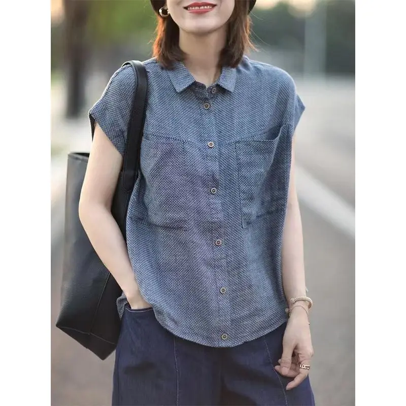 

Художественная клетчатая хлопково-льняная рубашка с короткими рукавами, женские летние новые свободные и утягивающие тонкие женские топы с отложным воротником