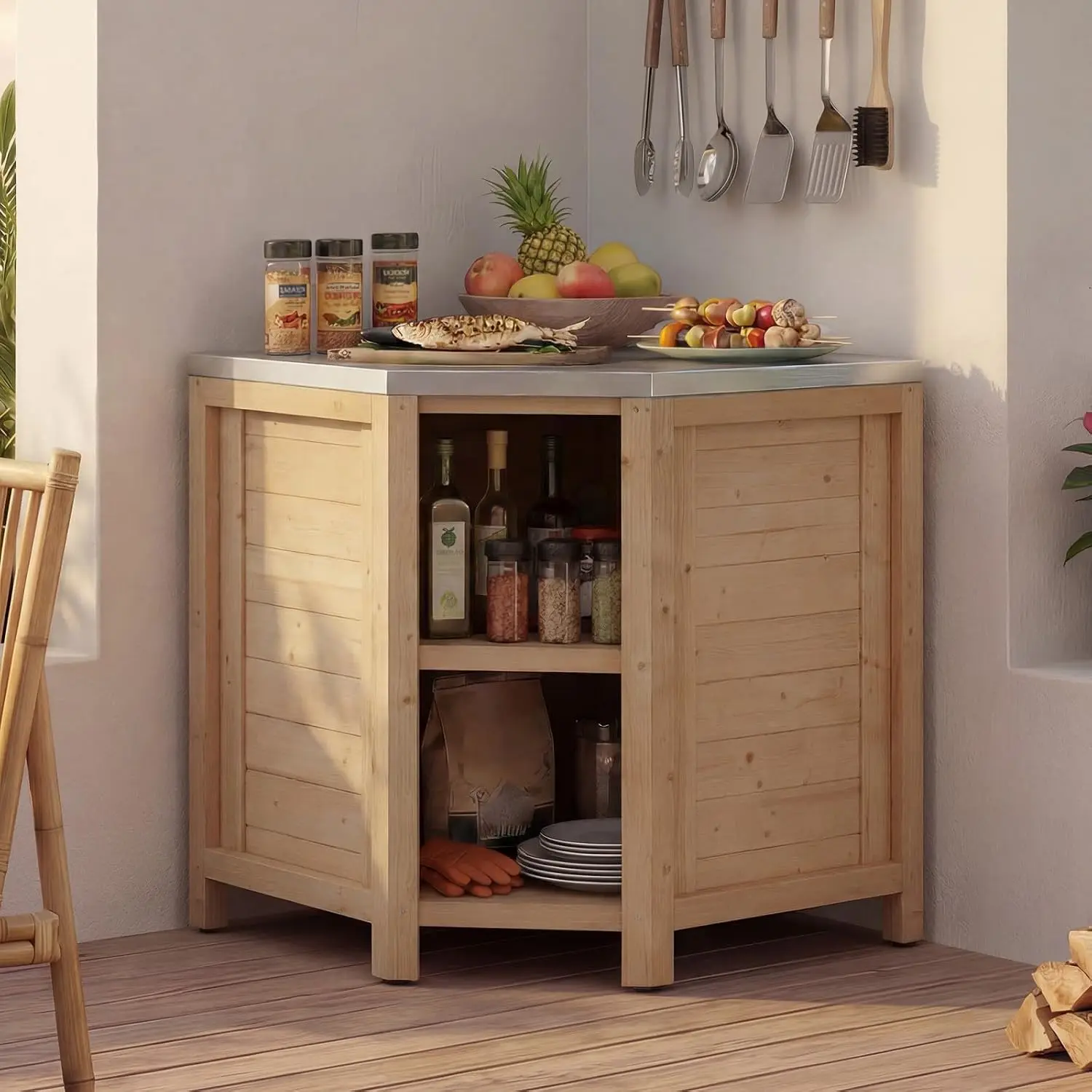 Outdoor Kitchen Cabinet with Steel Countertop, Cedar Prep Table for Grilling & Cooking, 35.4