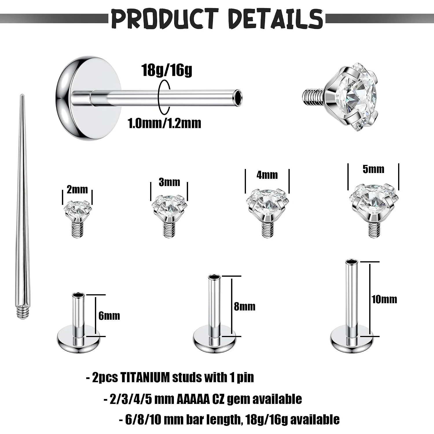 16G/18G Flat Back Earrings Stud G23 Titanium Internal Thread Labret Cartilage Lip Conch Piercing Jewelry Cartilage Earring 3PCS