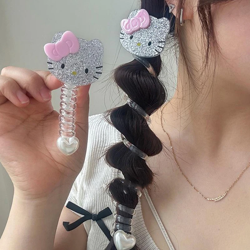 Cute Hello Kitty Elastic Spiral Hair Rope Bubble Braid Hair Tool Telephone Cord Head Rope Hair Ring Rubber Band Hair Accessories