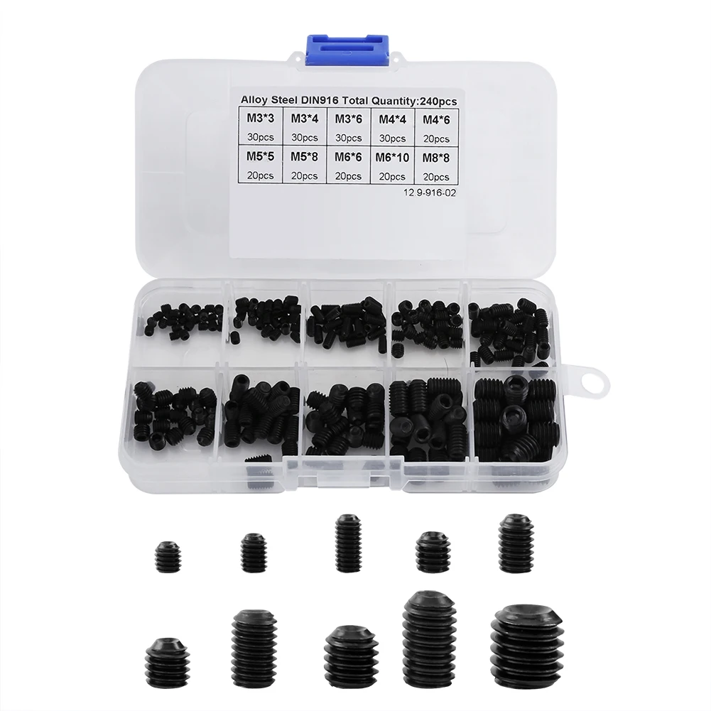 240 Socket Screw Assortment  Head Socket Hex Set Grub Screw Box Kit DIN916 M3-M8 Screw Assortment