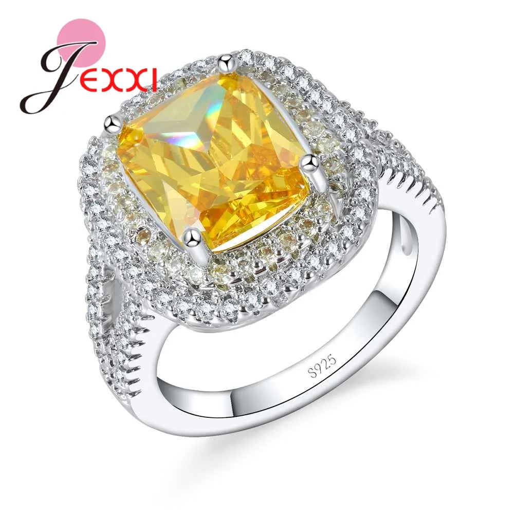 Elegant Yellow Crystal Wedding Ring For Women 925 Sterling Silver Jewelry With Cubic Zirconia Engagement Promise Rings