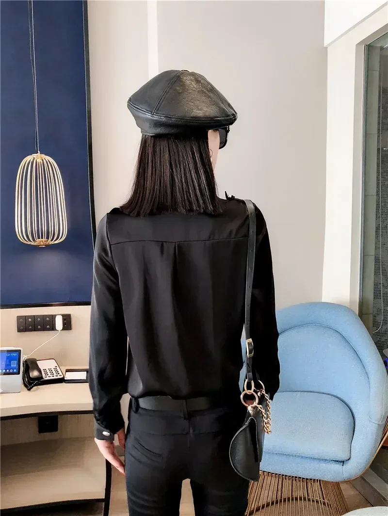Camisa de satén con bolsillos para mujer, Tops de satén con cremallera, camisas de satén negras para oficina para mujer, otoño