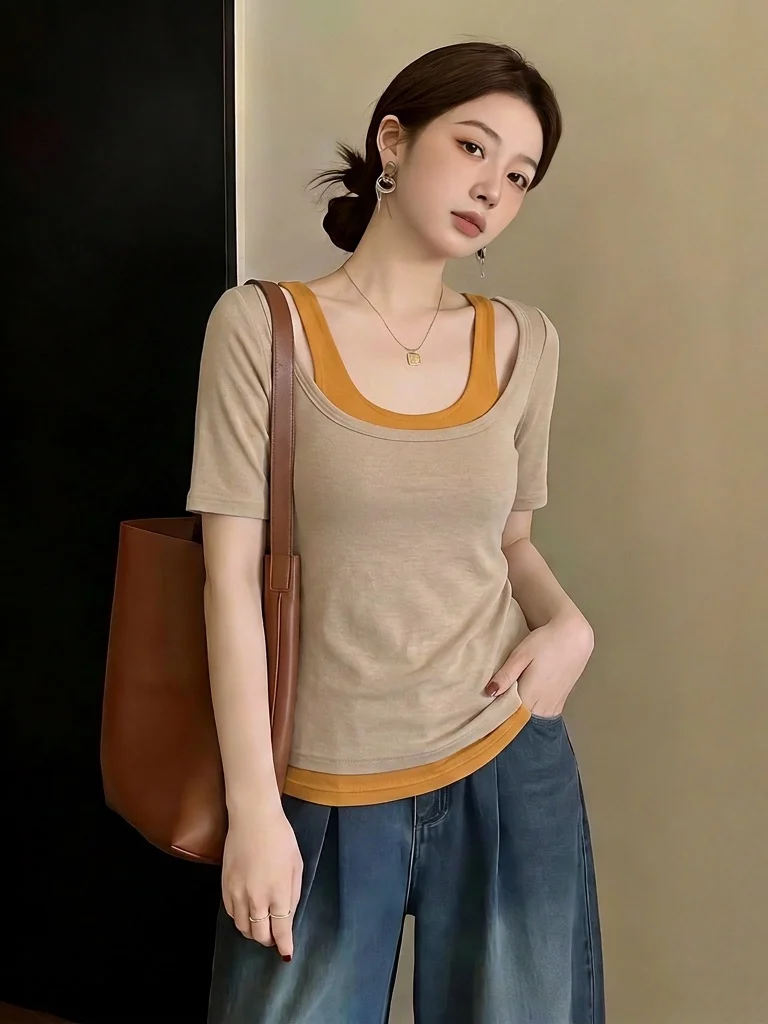 Summer New plus Size Women's T-shirt U-Neck Short Sleeve Design Sense Shoulder Width Regular Commute Style Pure Color Breathable