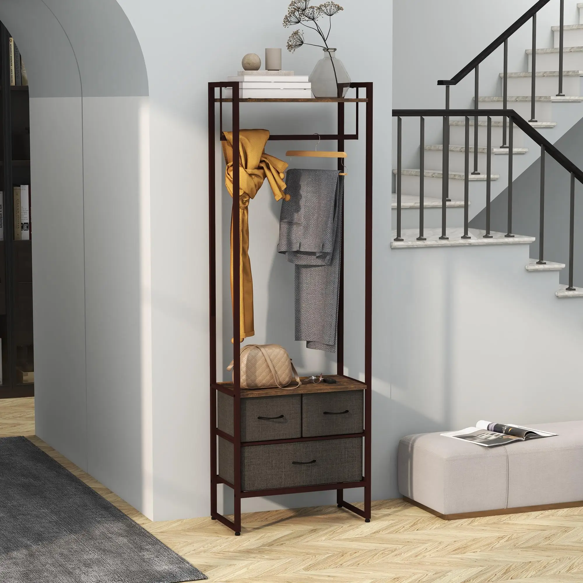 Porte-robe pliant avec 3 sacs en tissu, 2 étages et barre à linge 58,5x30x178 cm en acier MDF
