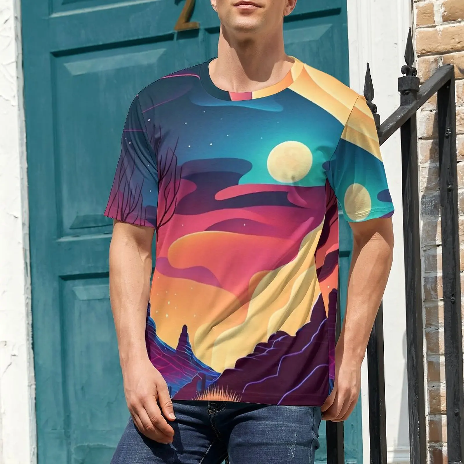 الصحراء في الليل تي شيرت للرجال القمر طباعة مخصص س الرقبة تي شيرت الشاطئ كول بلايز قصيرة الأكمام مضحك المتضخم تيز هدية #4