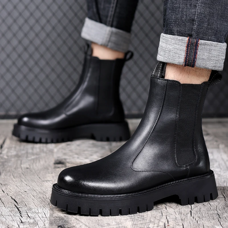 Brand Classic Black High Top Boots Men High Heel Genuine Leather Ankle Chelsea Boots Men British Style Thick Sole Mid Top Boots