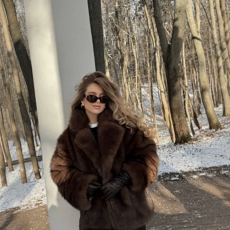 KIDCRKJ Russian Winter Women's Faux Fur Coat Thick Warm Medium To Long Lapel Ladies Fox Fur Coat Female Casual Winter Fur Coat