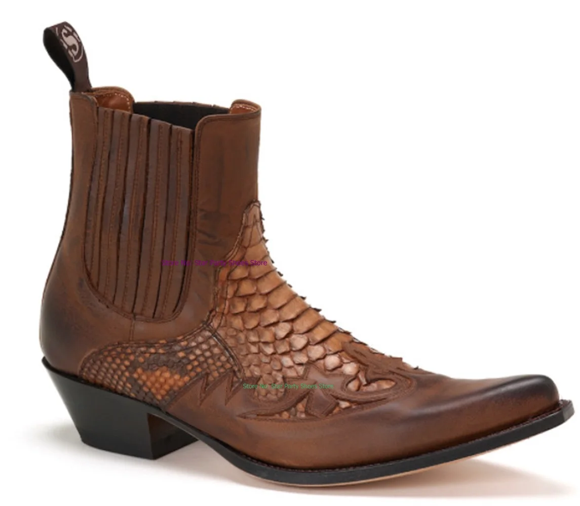 Attractive Men Chelsea Pattern Ankle Boots Spring Autumn Male Pointed Toe Square Heel Brown Slip On High Top Retro Boots