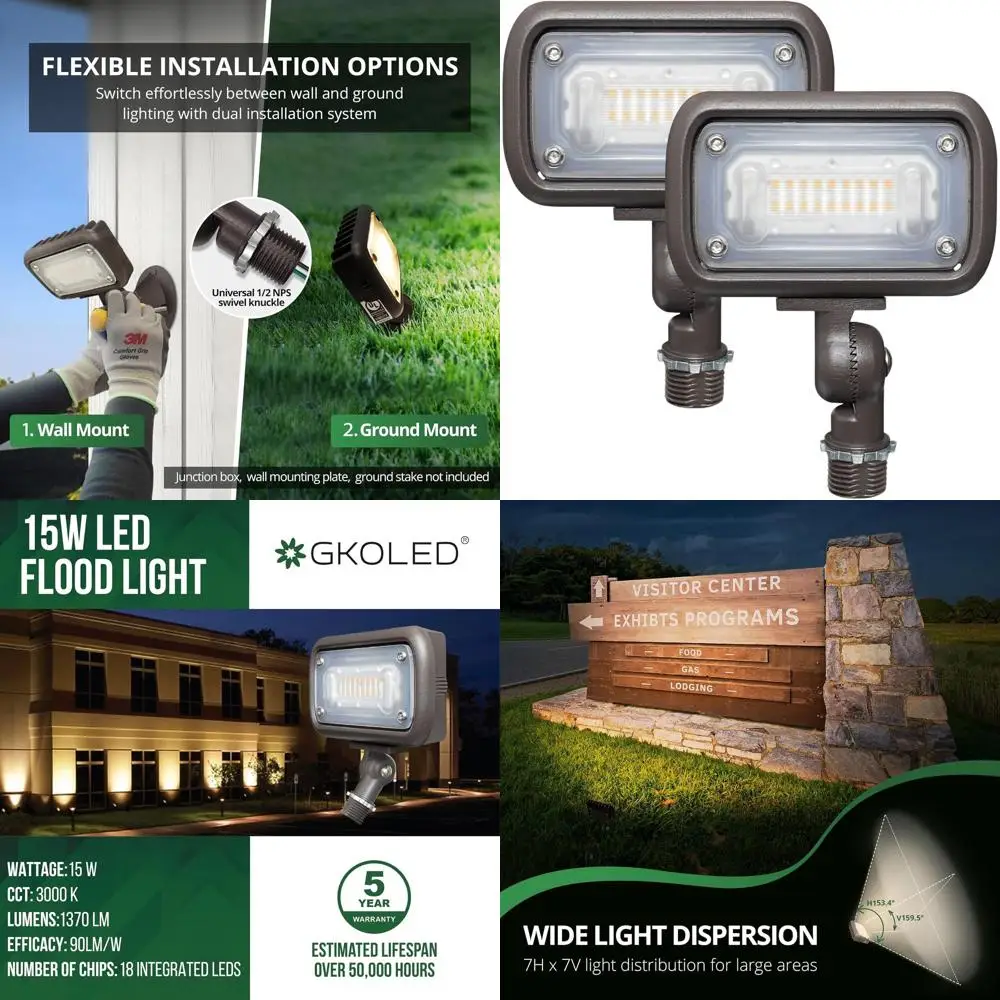 

15W LED Security Light, 50W Halogen Replacement, 1370 Lumens, 3000K Warm White, IP65, 120-277V, 1/2 Knuckle Mount, UL Certified