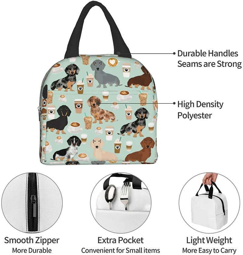 Cute Colored Coffee Dachshund Reusable Insulated Lunch Bag Cooler Tote Box Container with Front Pocket for Woman Man