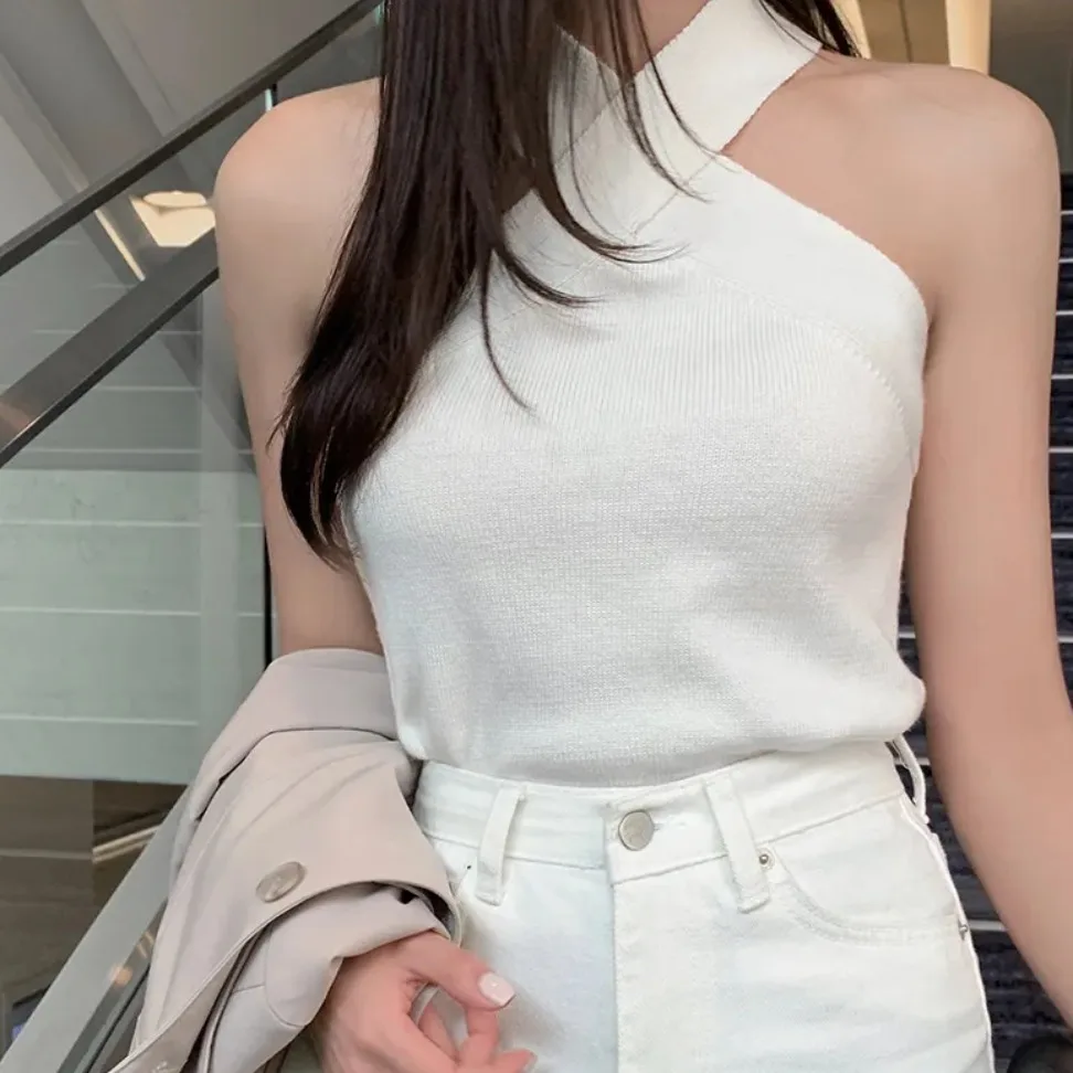 

Slim Fit Cross Neck Design Knitted Vest Shoulder Bared Strap Women's Fashion Korean Style Breathable Comfortable Casual Wear