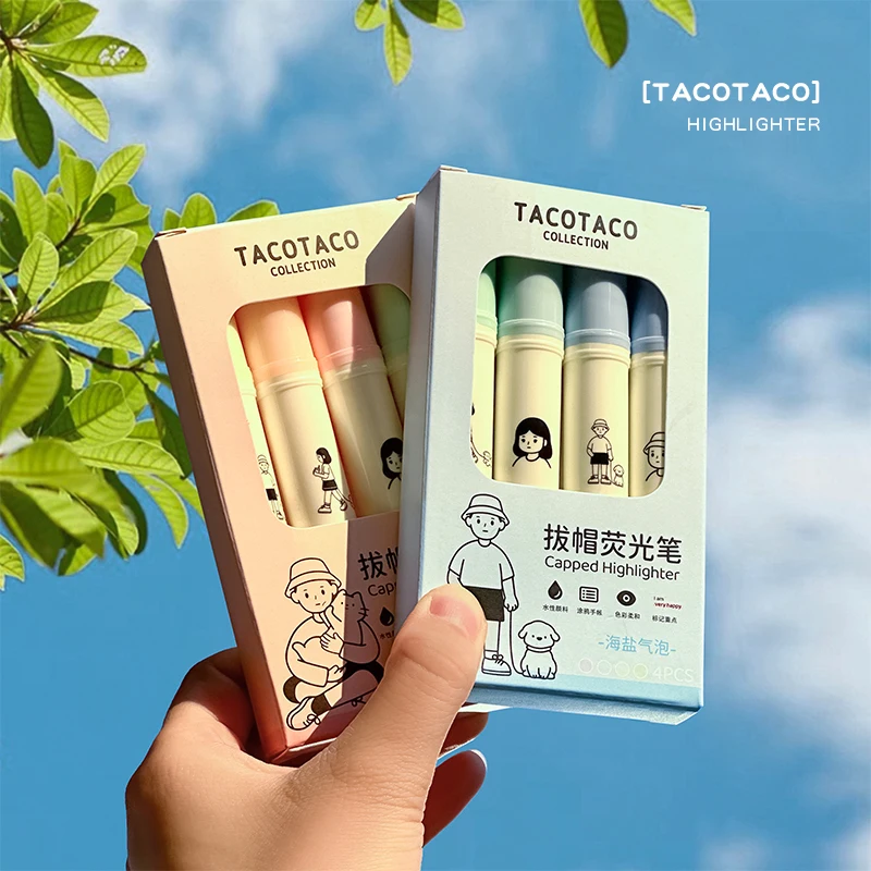 4pcs Tacotaco Color Highlighter Pens Set Cartoon Capped Art Marker for Drawing Painting Office School F7594