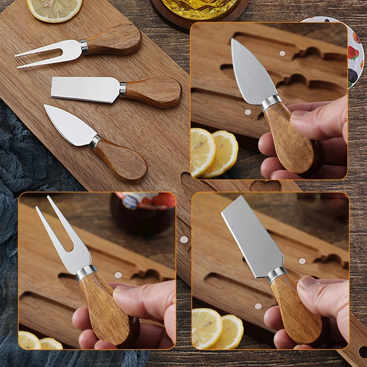 

Charcuterie Accessories Gift for Housewarming Wedding Party Cheese Board with 3 Knives Set, Acacia Wooden Cheese Serving Board