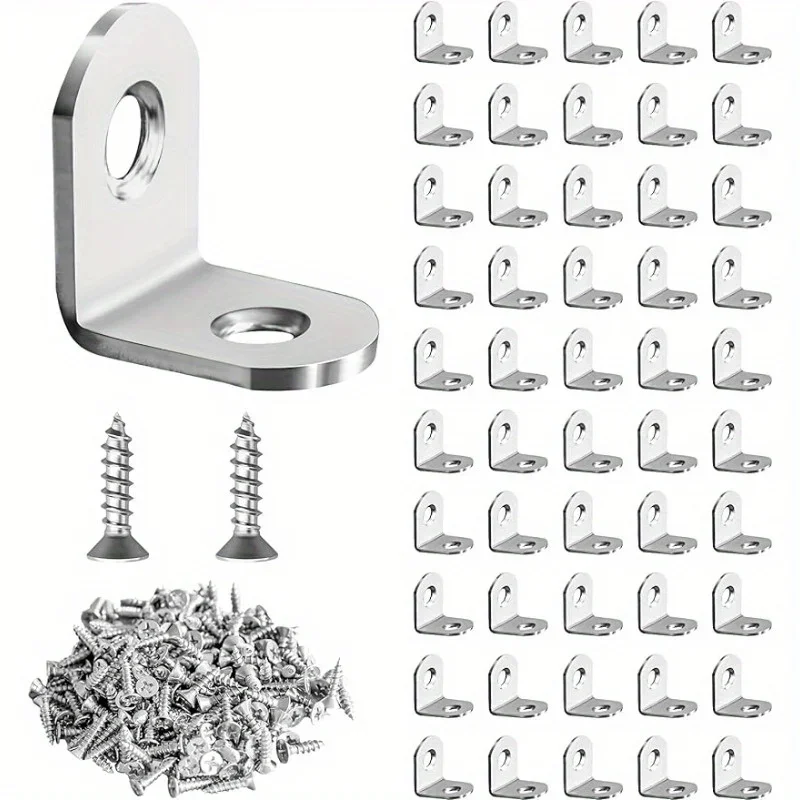 50 L-shaped stainless steel brackets with screws for fixing wooden frames, tables, chairs, and bed furniture