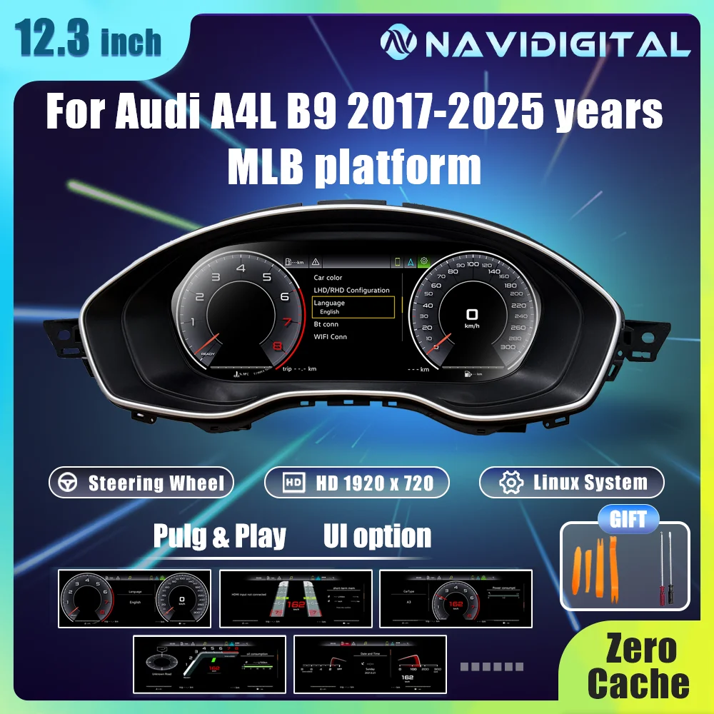 12,3'' Navidigital-Dashboard für AUDI A4 A4L B9 MLB Baujahre 2017-2025, A5 ab Baujahr 2017, Auto-LCD-Panel, Tachometer, Virtuelles Cockpit