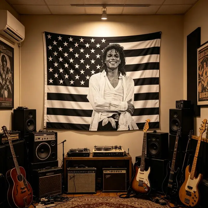 VIKAMA Michael Jackson Wandteppich mit amerikanischer Flagge, Polyester-Wandbehang für Schlafzimmer, Wohnheim, Musikzimmer, Retro-Pop-Star-Heimdekoration – Detail 3