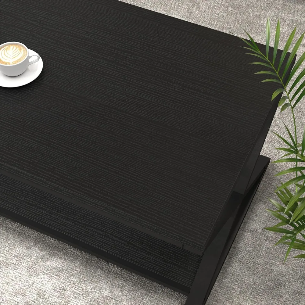 Black Coffee Table with Storage Shelf, Modern Metal Wood Living Room Table, Simple 2 Tier Rectangle Center Table