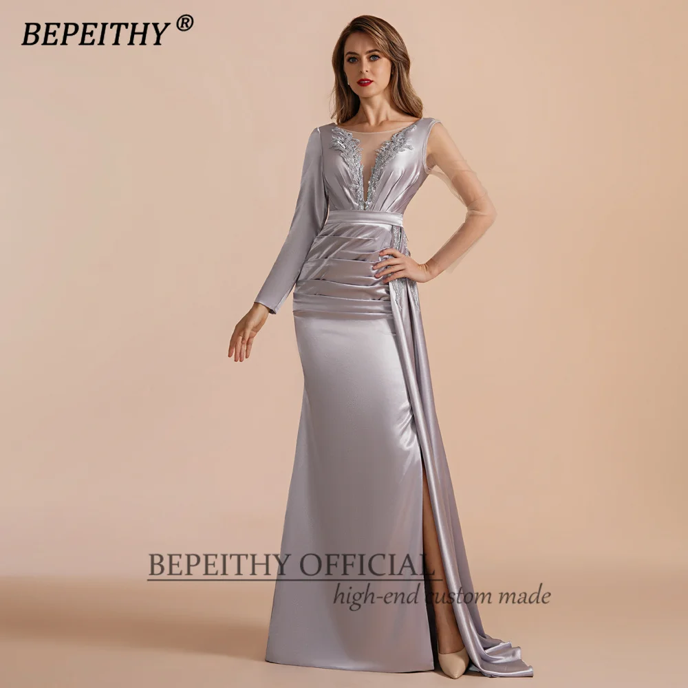 BEPEITHY Customized Mermaid Long Formal Occasion Dress 2023 Full Sleeves Floor Length Sexy Backless Evening Party Gown High Slit