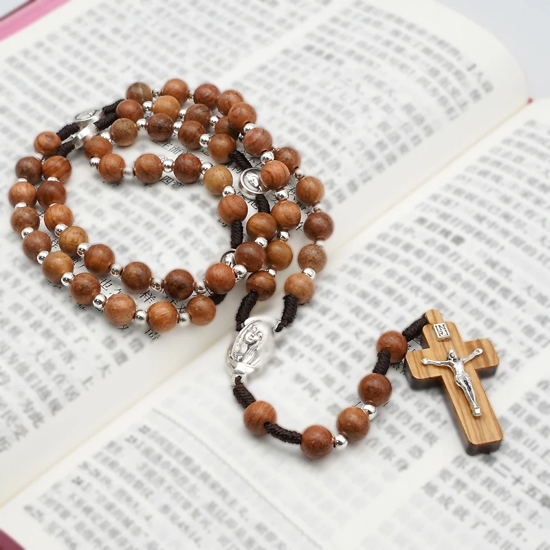 Rosary Cord Braided Rosewood Alloy Necklace Men Women Religious Images Virgin Mary YS Christian Jewelry Fine Gifts