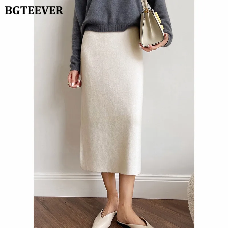 BGTEEVER Autumn Winter Elastic Waist Ladies Knitted Skirts Elegant Split Package Hip Mid-length Sweater Skirts for Women