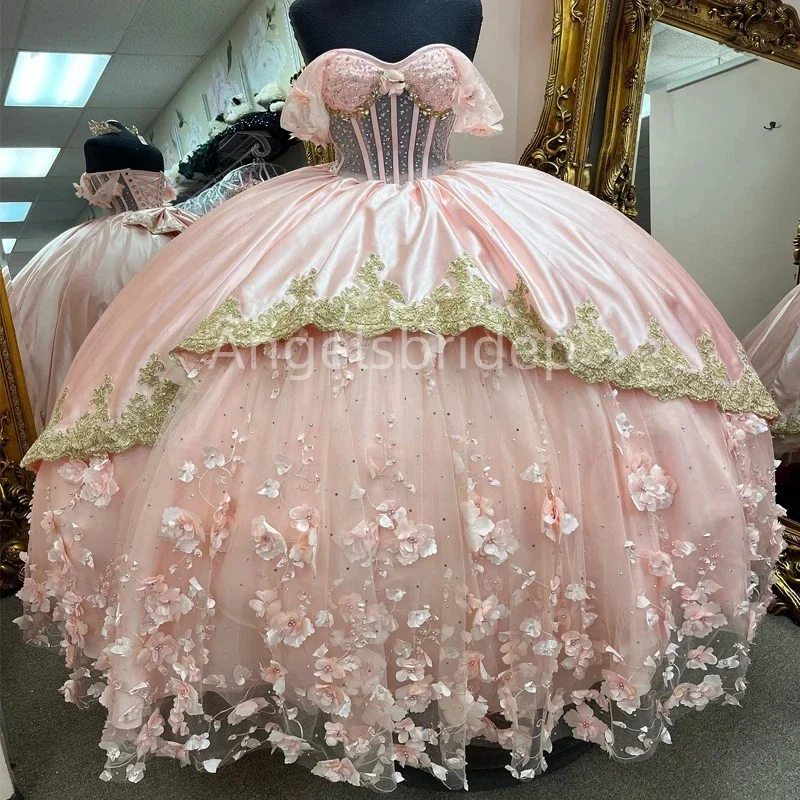 Angelsbridep-Vestido de baile de cetim rosa, vestidos Quinceanera, vestido de festa Flora 3D, apliques dourados, 2022