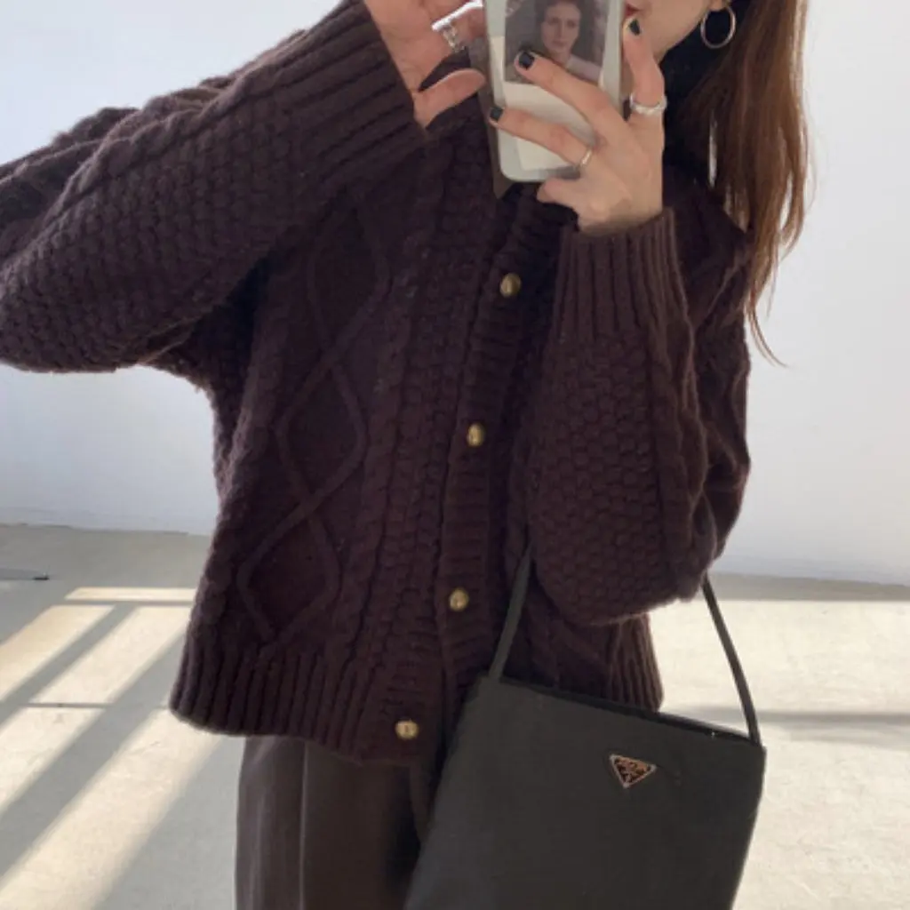 

Women's Vintage Twist Knitted Cardigan Loose Fit Outer Sweater Thickened Thread All-Match Spring Autumn Lazy Style Coat