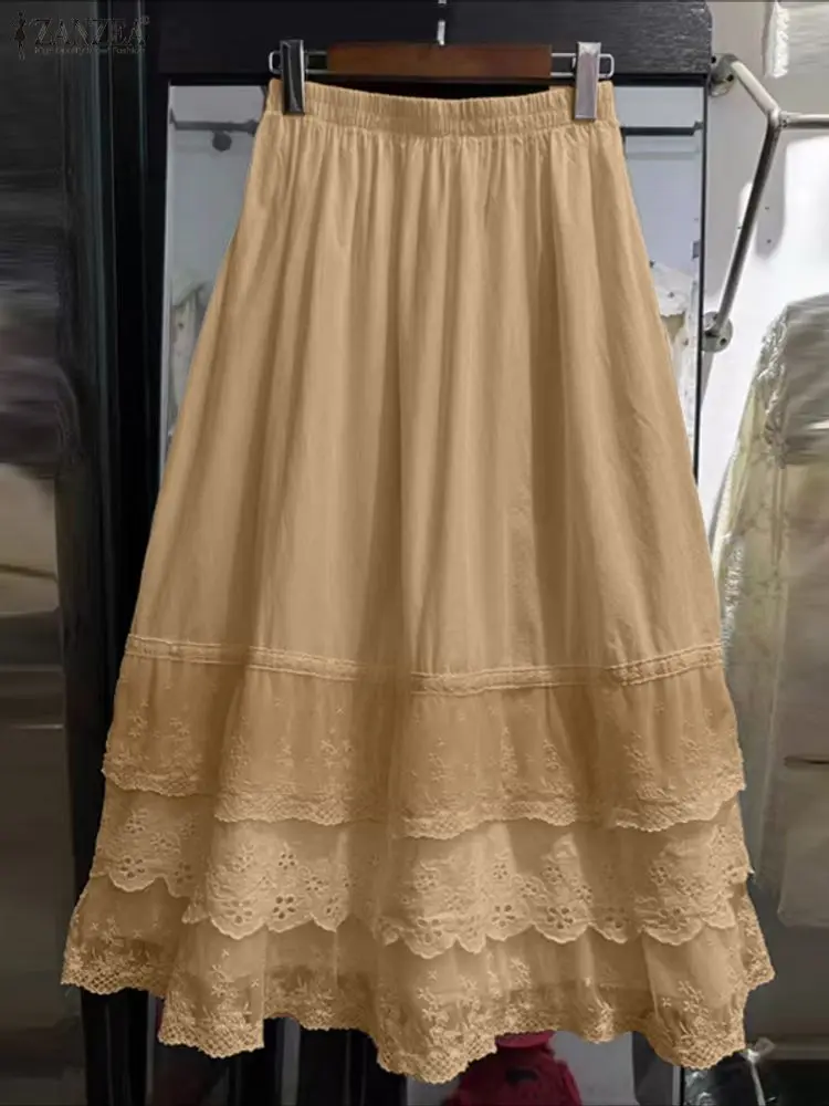 ZANZEA تنانير طويلة من الدانتيل للنساء بخصر مطاطي أنيق للحفلات قيعان ماكسي غير رسمية فضفاضة كبيرة الحجم مكشكشة للعطلات Jupes Faldas Saia
