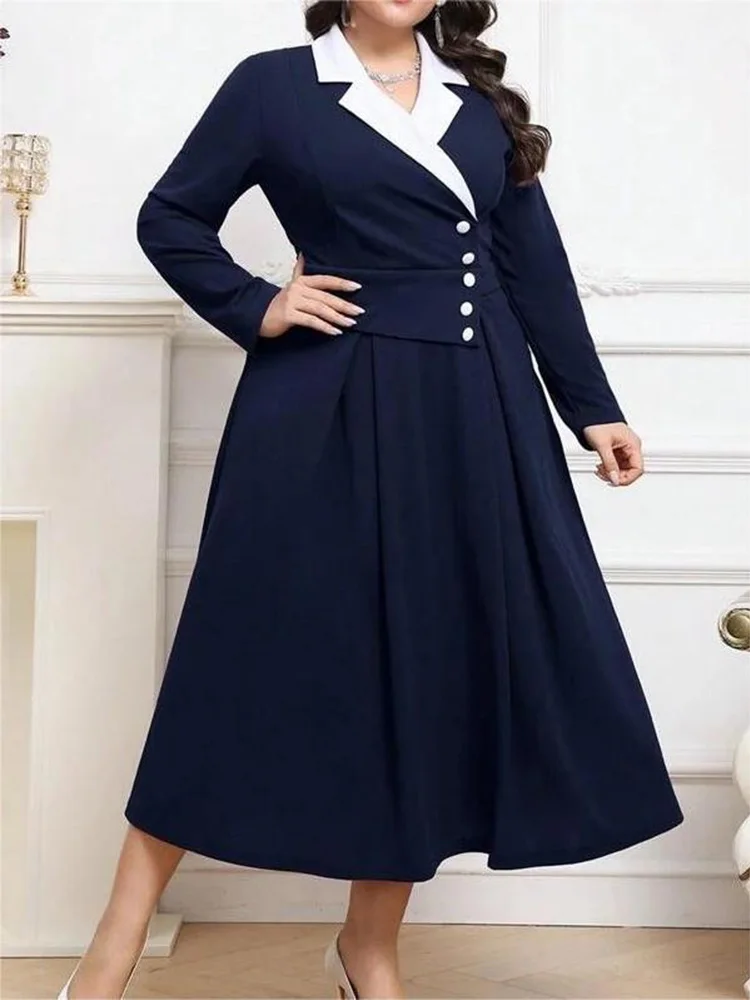 Gibsie plus size entalhado pescoço botão detalhe elegante vestido longo feminino 2025 outono cintura alta moda escritório senhoras vestidos de linha a