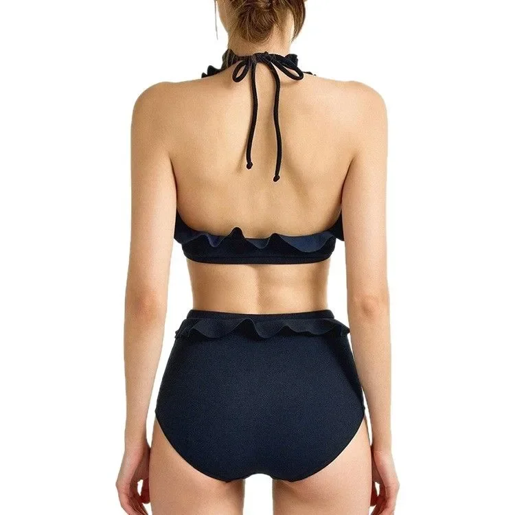 Novo conjunto de três peças maiô feminino branco banho sexy babado plissado biquíni saias cintura alta beach wear maiô coreano