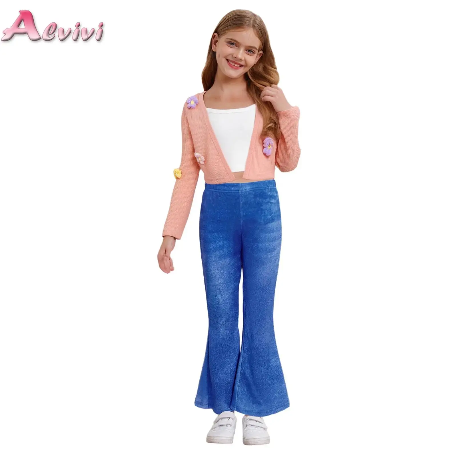 

Kids Girls 3-Piece Casual Outfit Long Sleeve Flowers Cardigan with Camisole and Flared Pants for Birthday Party Photography