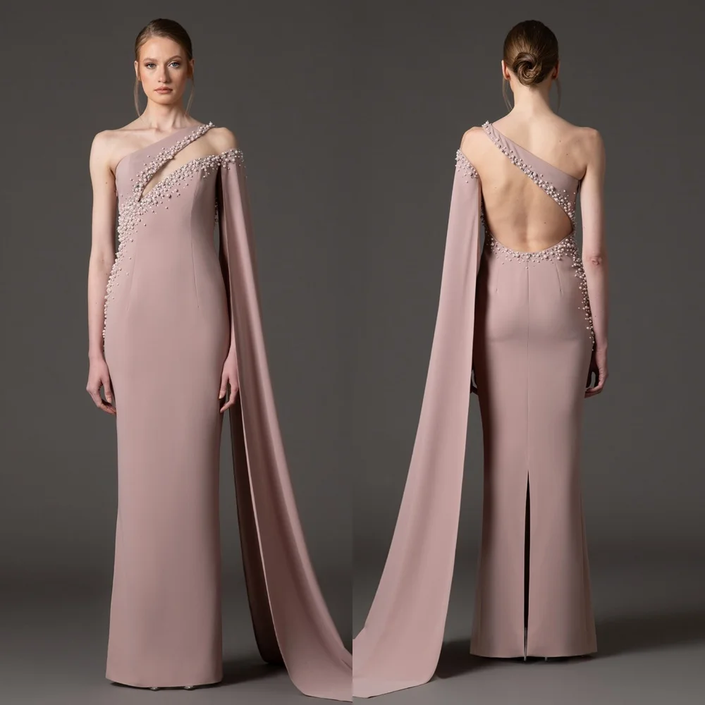 Customized Jersey Luxury Evening Dress Glitter Beading One-shoulder Shawl Charming Long Dresses Bespoke Occasion Exquisite Party