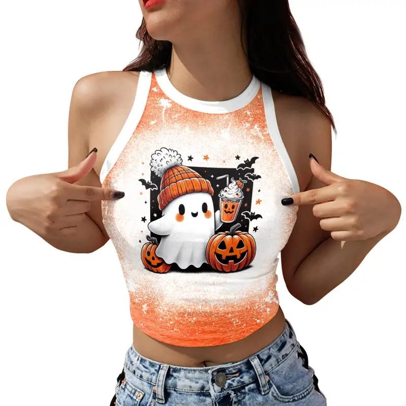 Nadanbao Damen-Crop-Top mit Geister-Kürbis-Print, kurze Weste mit Rosen-Totenkopf-Muster, sexy, schmales, ärmelloses Hemd, Halloween-Party-Top – Detail 35