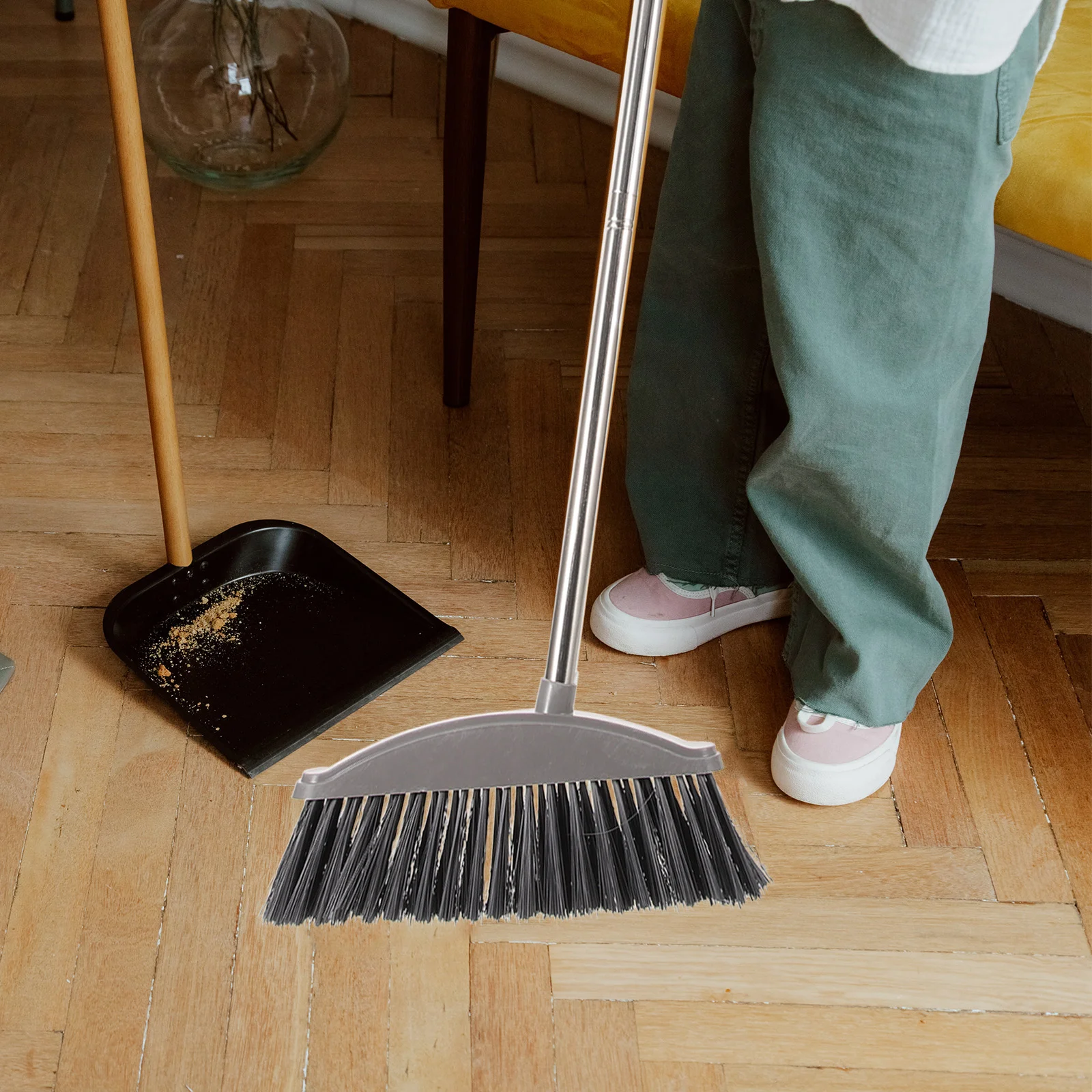 

Stainless Steel Broom Home Cleaning Thickened Hygiene (Pink Single Set) Small and Lightweight Floor Brush Flat Side Stable Hair