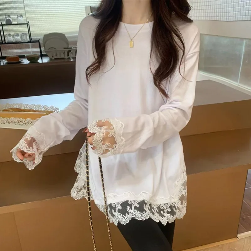 

Lace Edge T-shirt Women Elegant O-neck Solid White Long Sleeve Pullover Basic Bottom Tops Ruffled Stitching Casual Tee Shirts