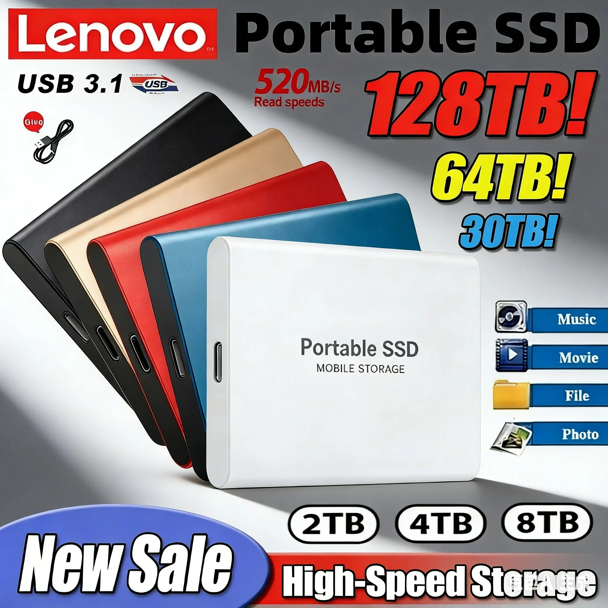 

Внешний SSD-накопитель Lenovo 2.5 дюйма, USB 3.1, высокоскоростной, 500 ГБ-16 ТБ, для ноутбуков и PS4