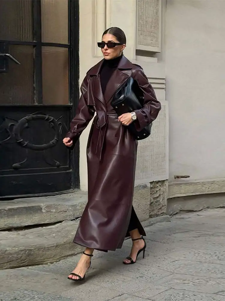 Vintage Lapel Solid Color Woman Long Leather Coat Fashion Full Sleeve With Belt Overcoat 2024 Autumn New Female Street Outerwear