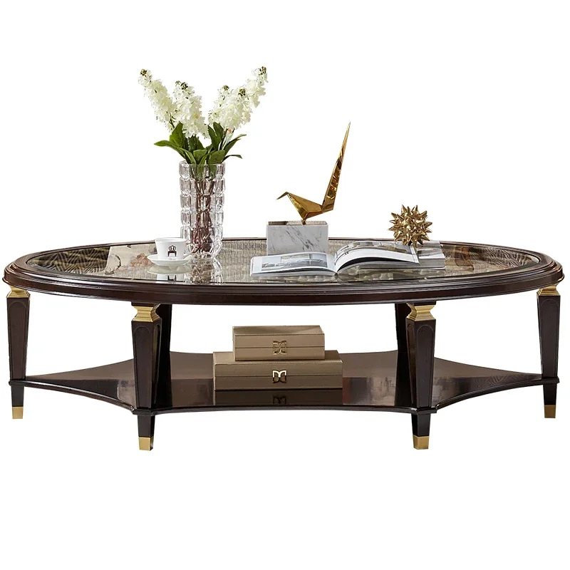 

XK Light Luxury Solid Wood Oval Coffee Table Simple European Metal Tempered Glass Coffee Table