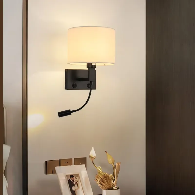 Modern Minimalist Bedside Wall Lamp with Switch Hotel Engineering Spotlight Simple Cloth Cover Light Three Colors for Bedroom