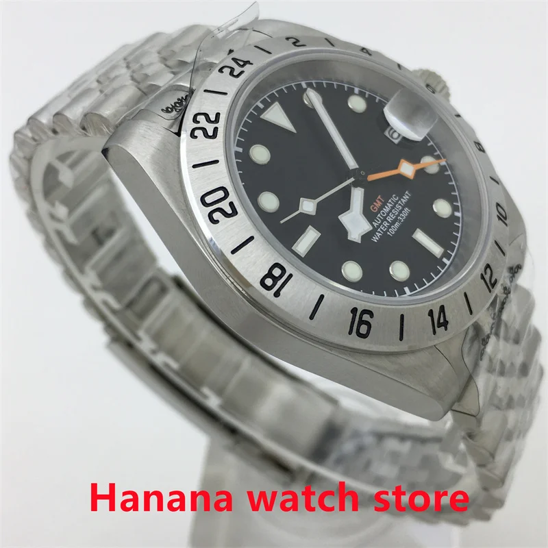 Мужские автоматические механические часы для дайвинга, 40 мм, механизм NH34A, стрелки GMT, 24 часа, фиксированный безель, сапфировое стекло, черный светящийся циферблат